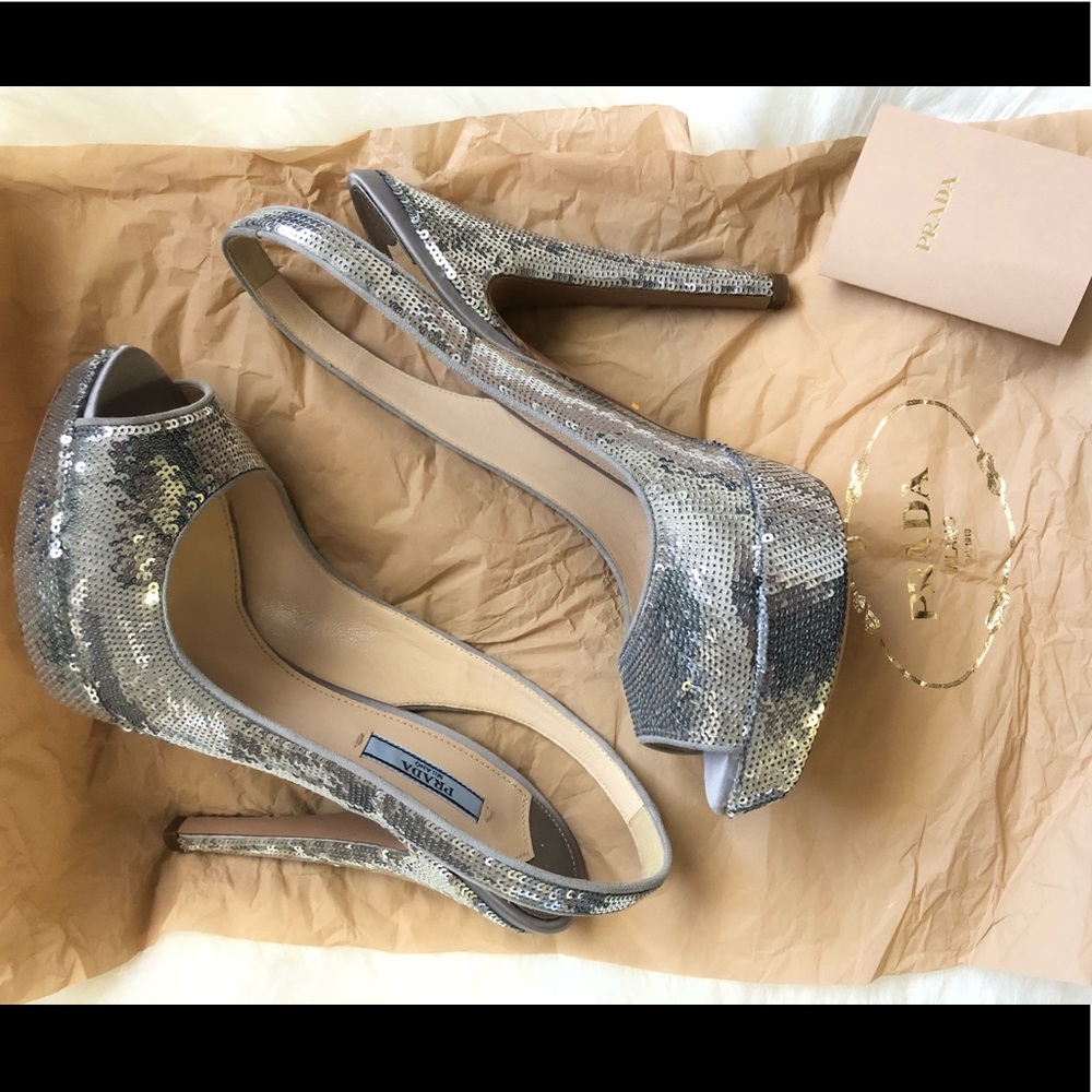 ❌SOLD❌ Prada Sequin Embellished Peep Toe Heels - Picture 4 of 8
